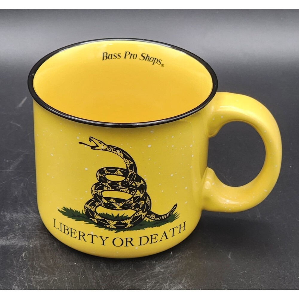 Bass Pro Shops Liberty or Death Mug Yellow Black Speckled Rattlesnake Ceramic